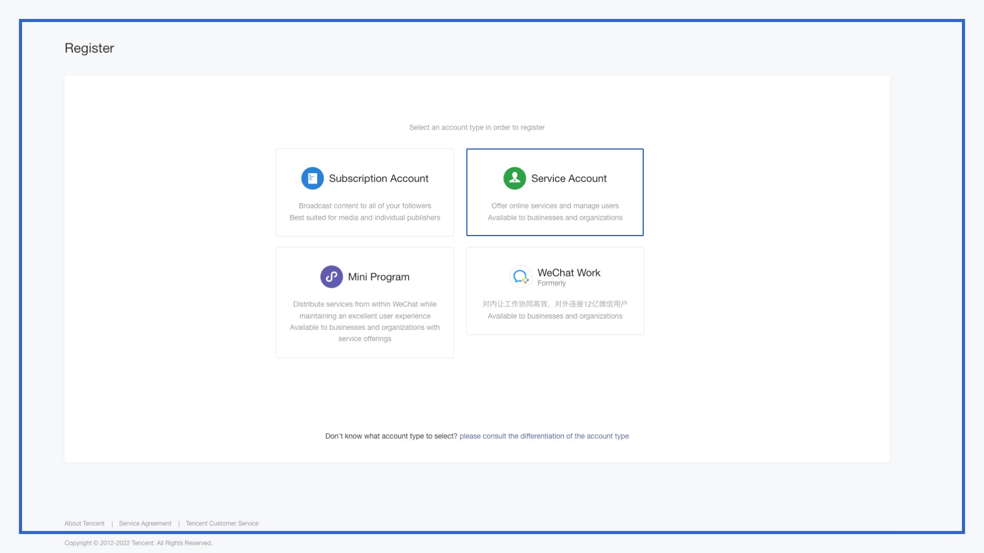 register on a different type of WeChat Official Account
